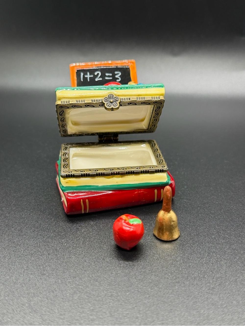 School Books And Chalk Board Hinged Trinket Box Apple, Ruler And School Bell